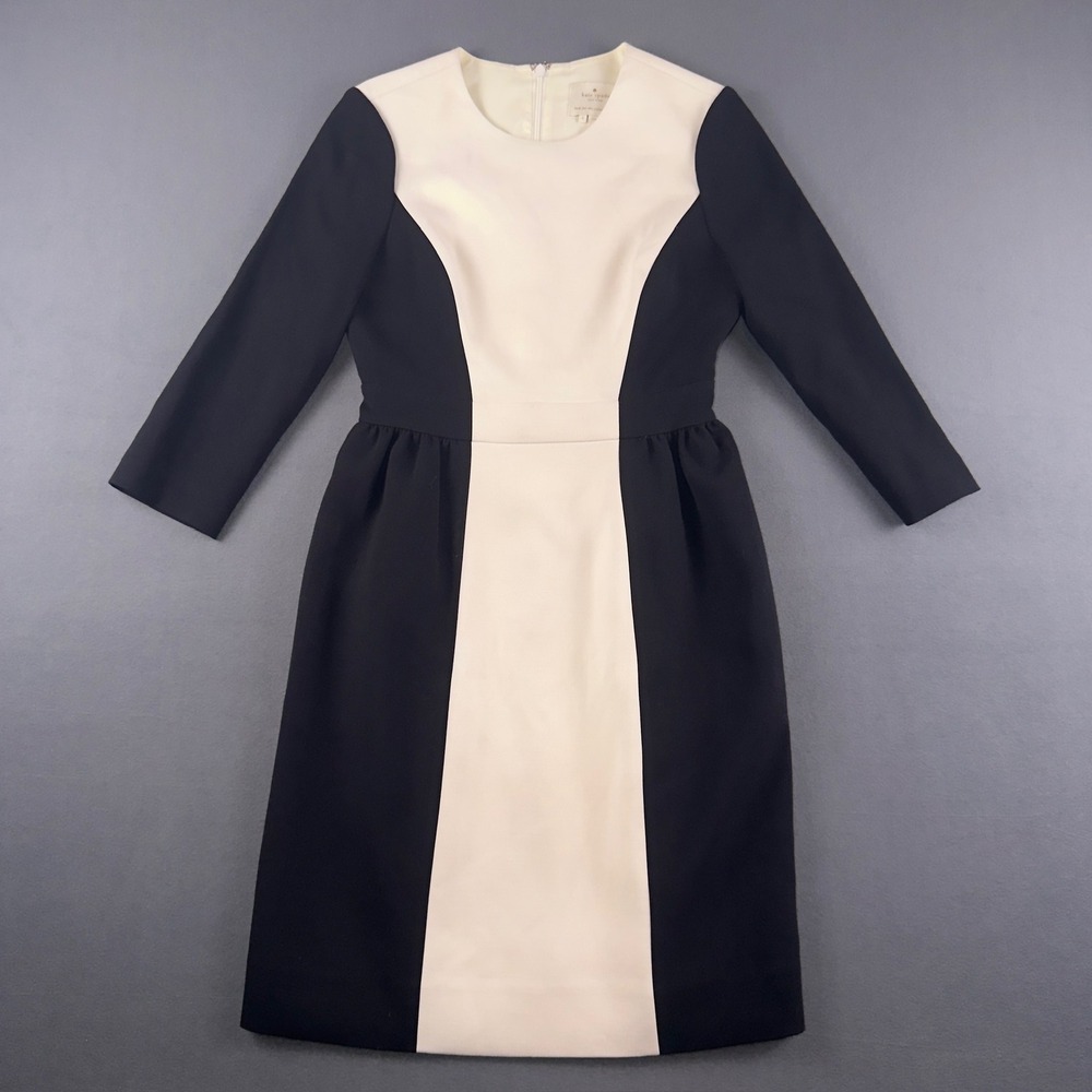 Kate Spade Black Cream Colorblock Long Sleeve Fit Flare Pocket Dress Size 4 - Picture 1 of 11